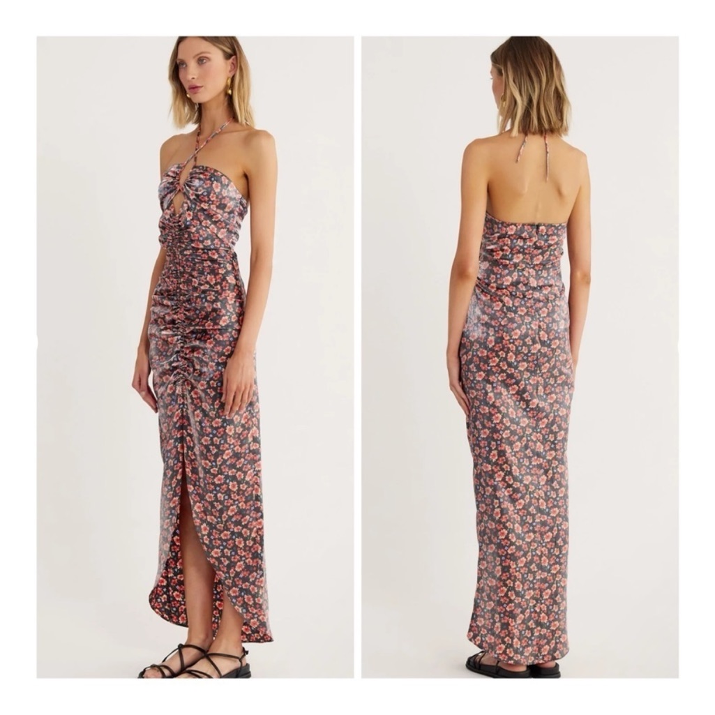 Rumer Soraya Shimmery Floral Halter Maxi Dress